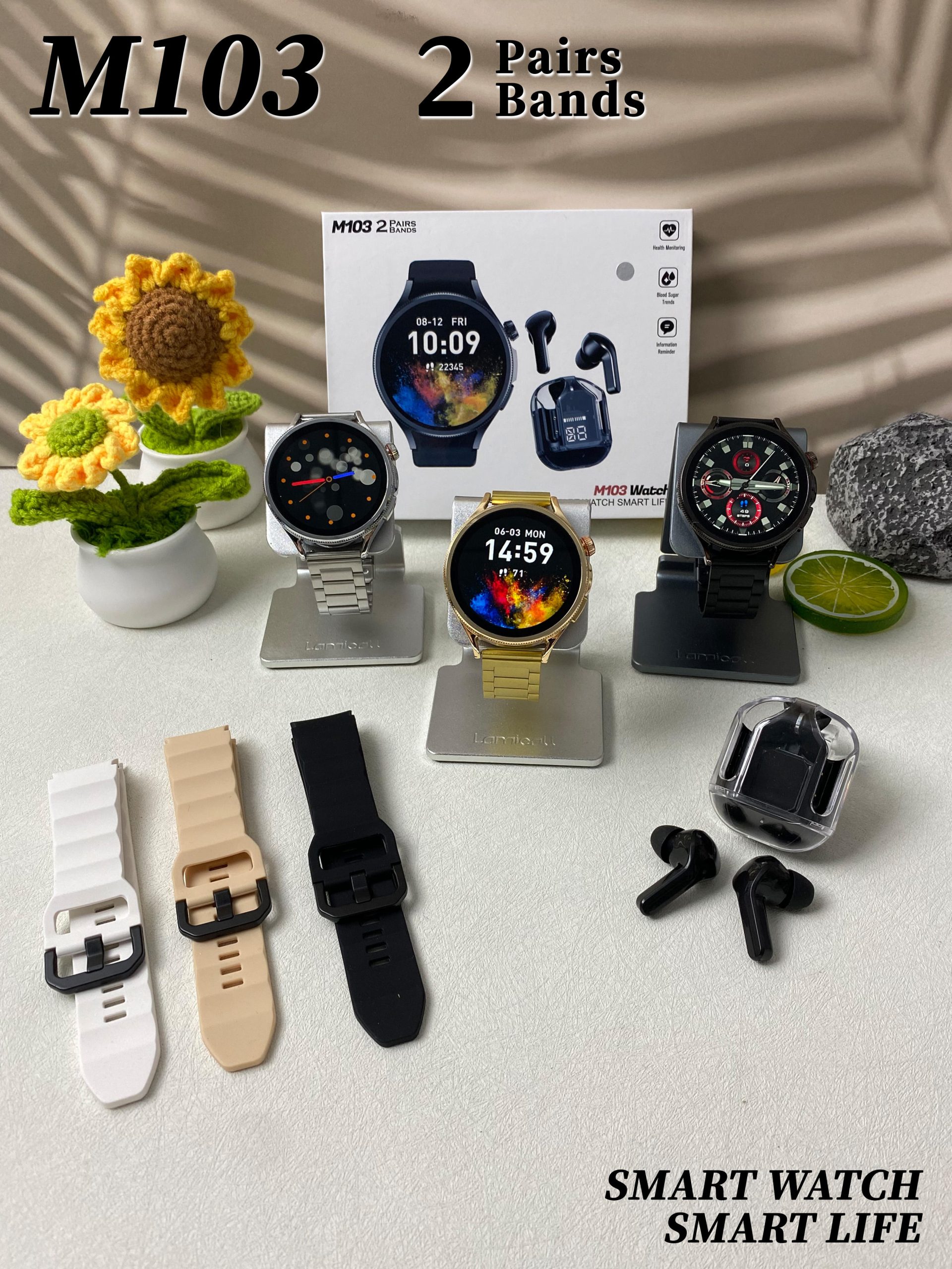 M103 latest smartwatch monitoring men women fitness monitor 1.5'' round smart watch with earbuds and double straps