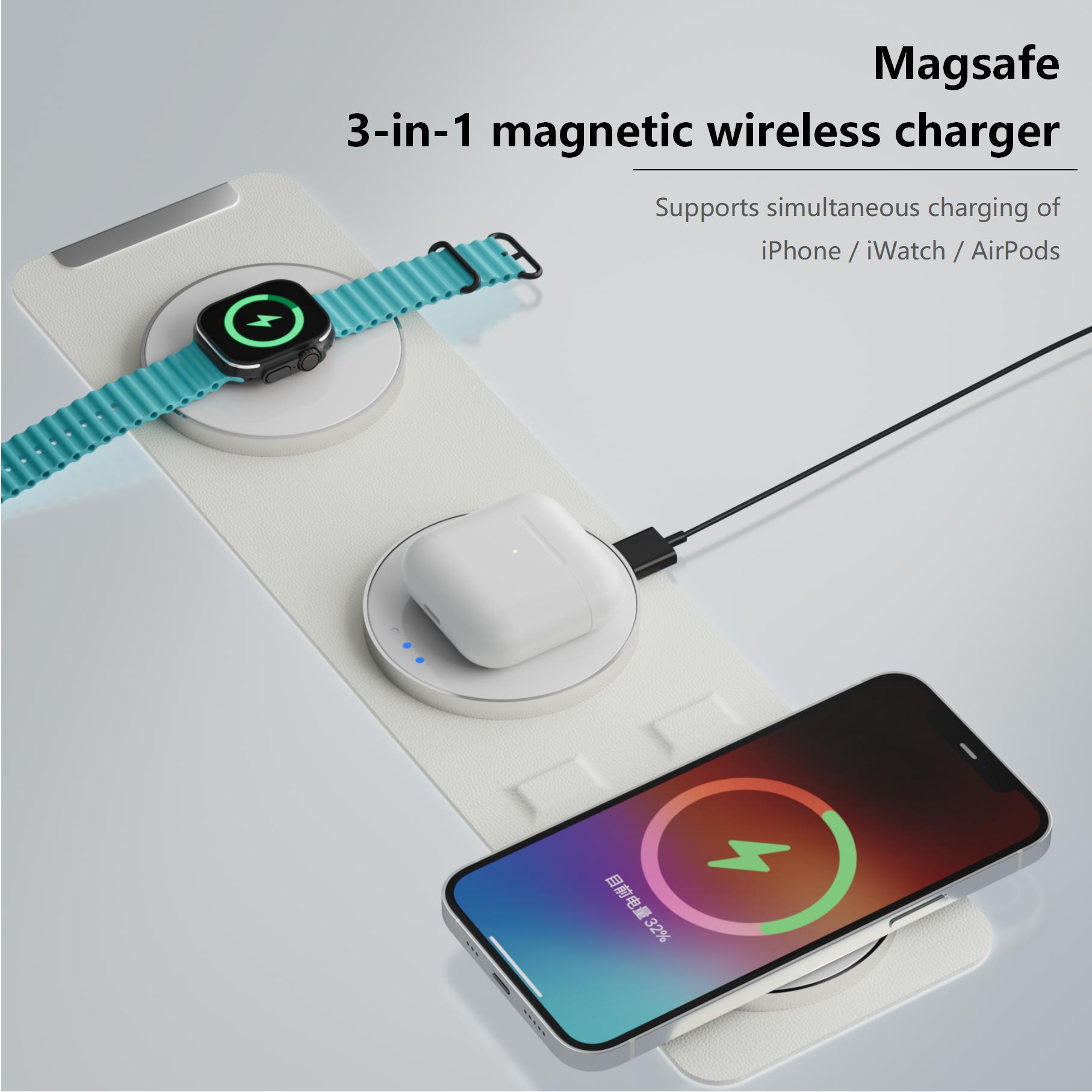 H34 Slim 3 in 1 Wireless Charger Magnetic Mini Portable 15W Wireless Phone Charger for Traveling